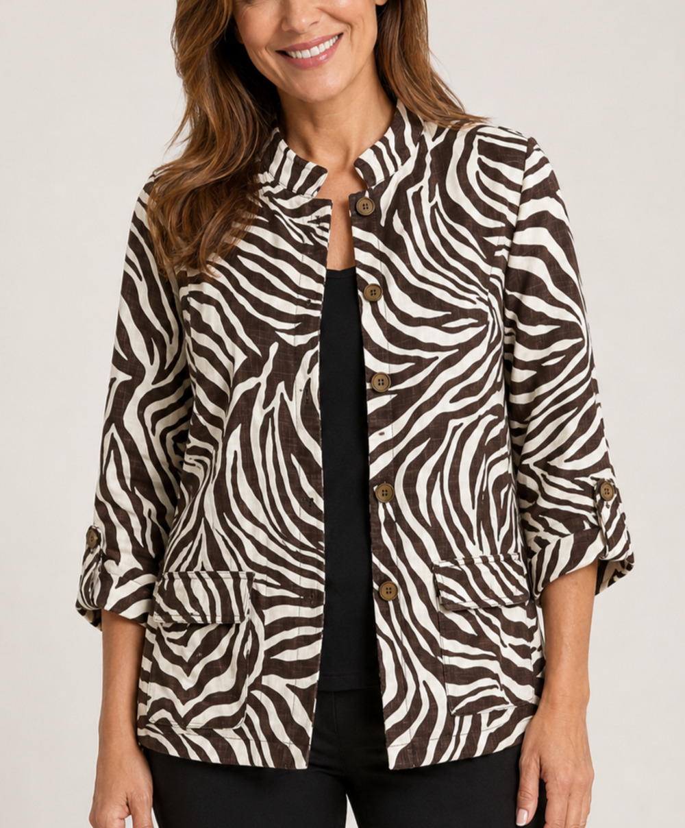 Chico’s Zebra Print Linen Safari Jacket Women Large Brown Ivory Roll Tab Button
